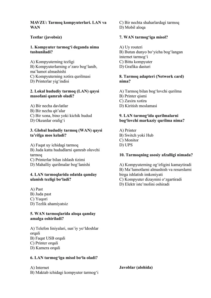 Tarmoq kompyuterlari. LAN va WAN