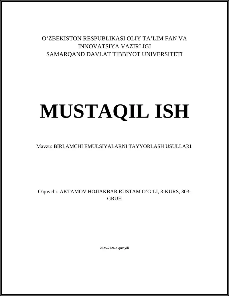 BIRLAMCHI EMULSIYALARNI TAYYORLASH USULLARI