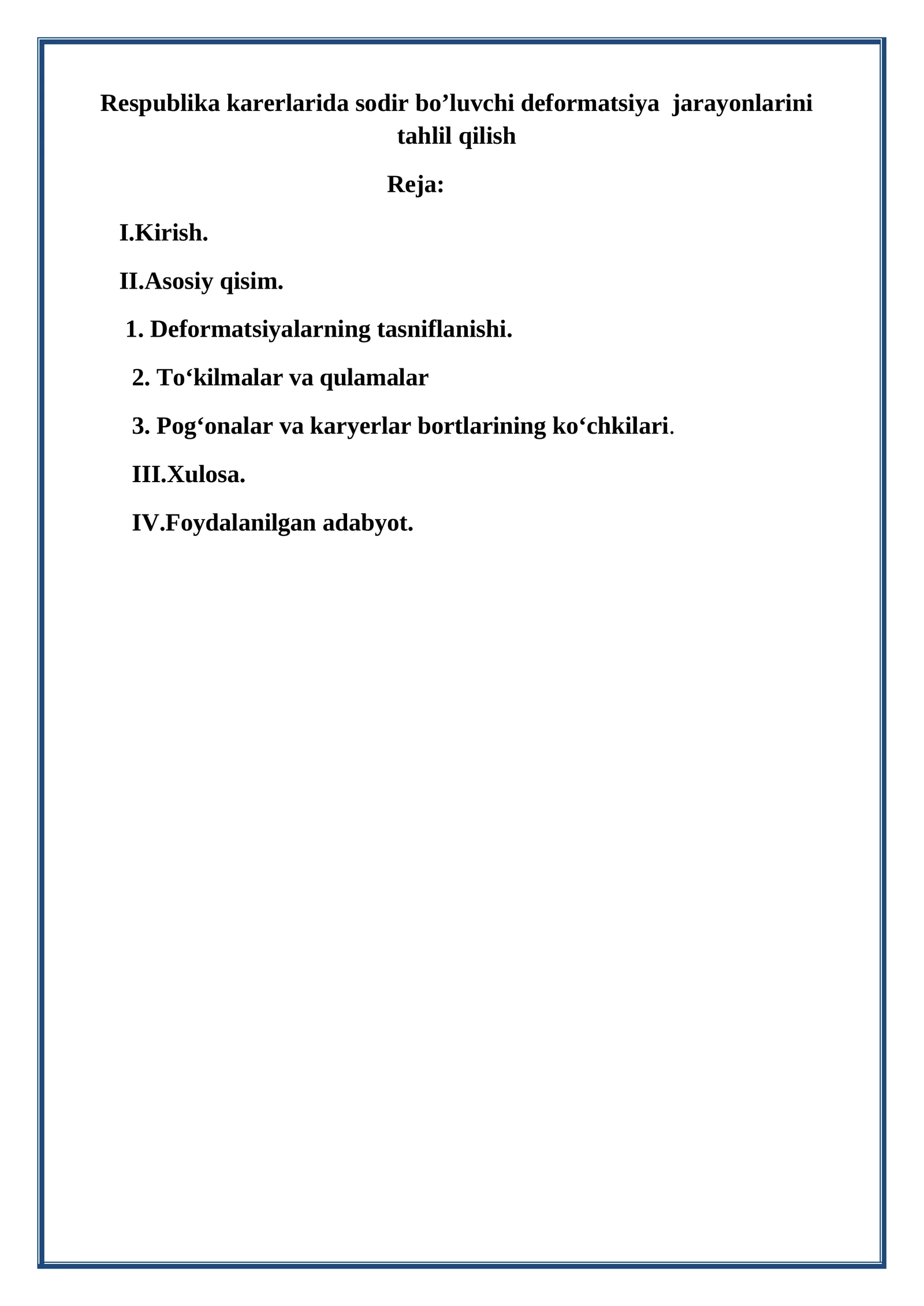 Respublika karerlarida sodir bo’luvchi deformatsiya jarayonlarini tahlil qilish