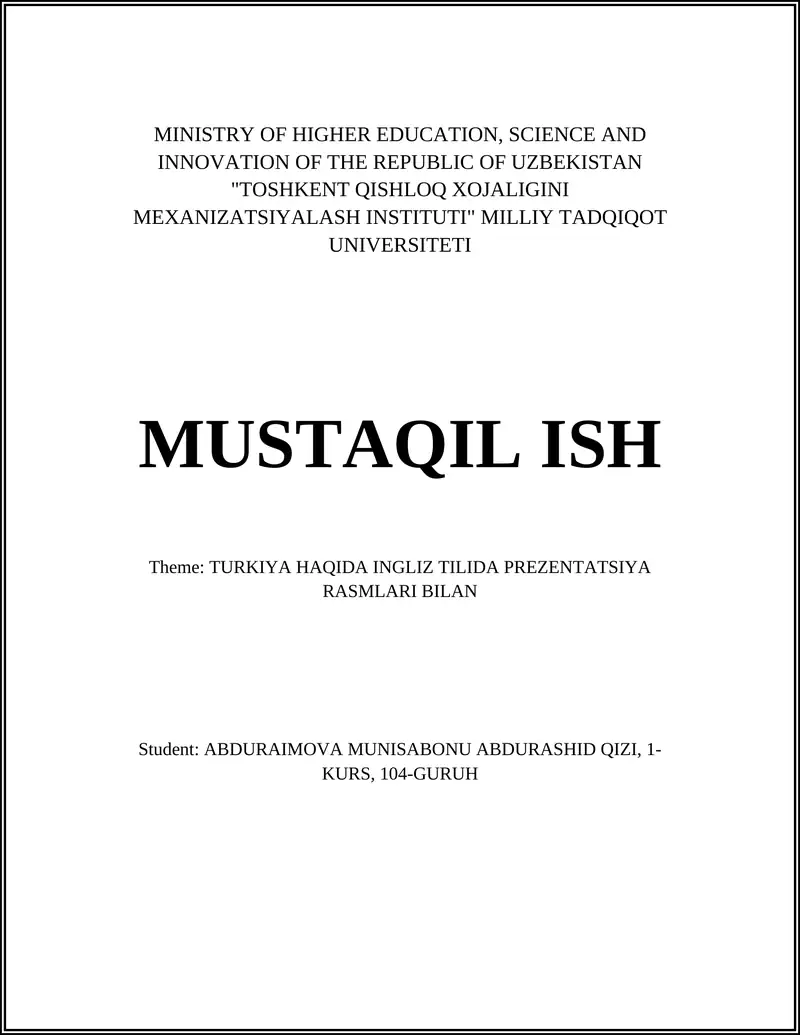 TURKIYA HAQIDA INGLIZ TILIDA PREZENTATSIYA RASMLARI BILAN