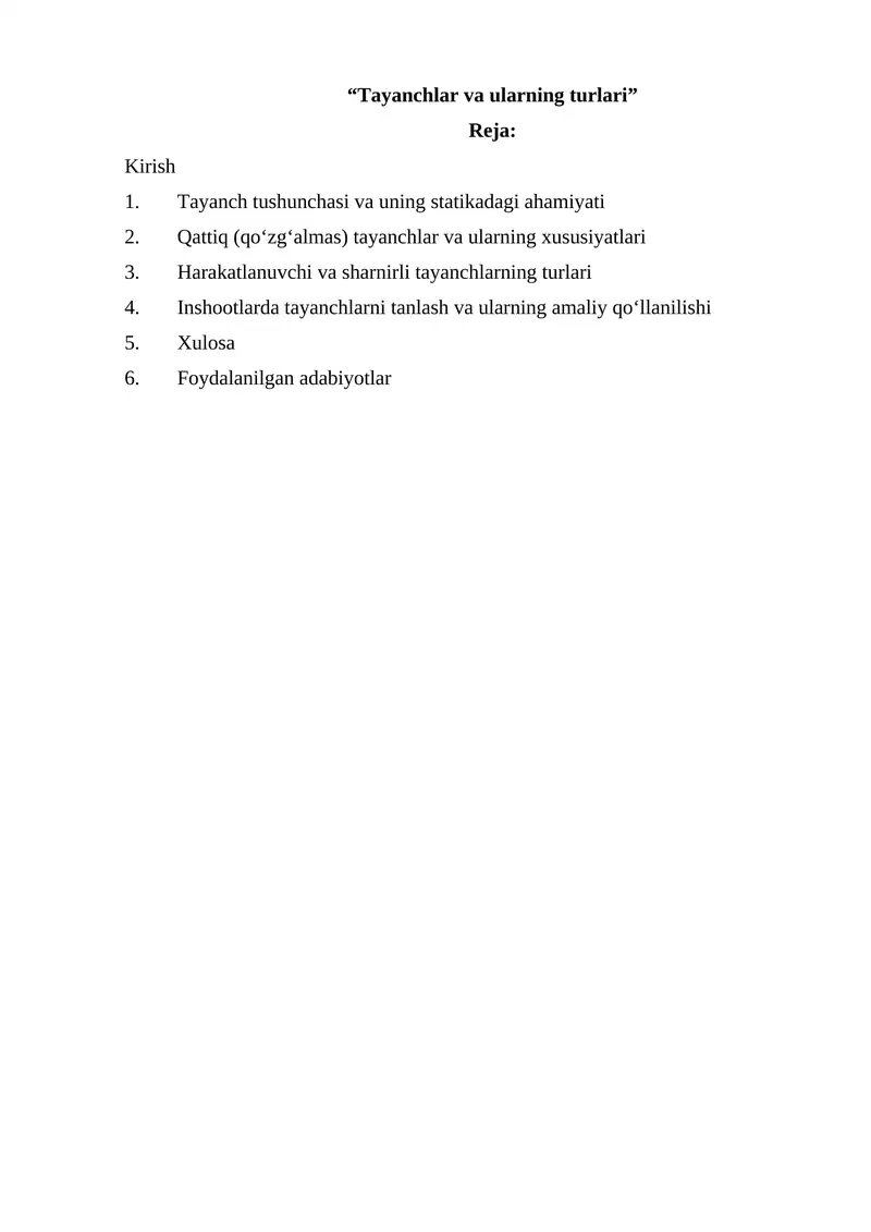 Tayanchlar va ularning turlari