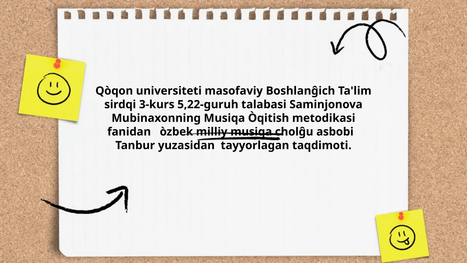 Musiqa Òqitish metodikasi fanidan òzbek milliy musiqa cholĝu asbobi Tanbur yuzasidan tayyorlagan taqdimoti