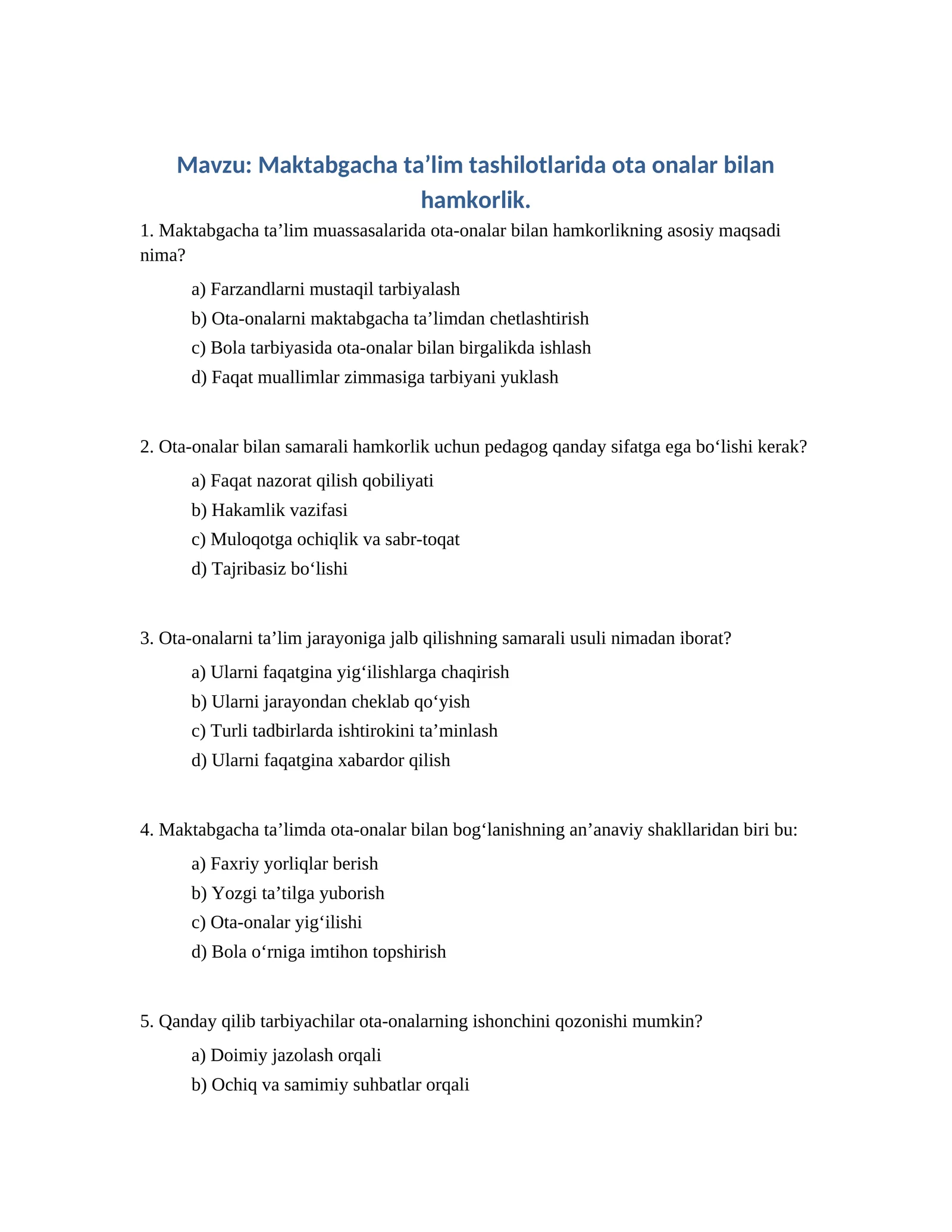 Maktabgacha taʼlim tashilotlarida ota onalar bilan hamkorlik