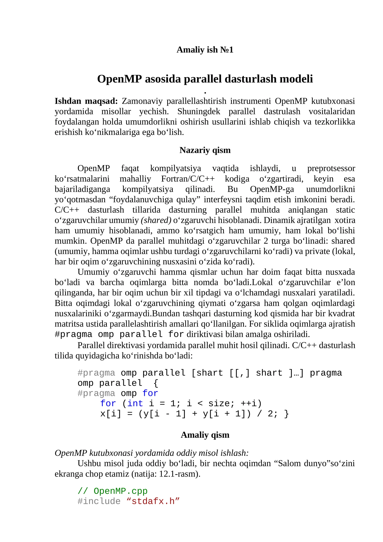 OpenMP asosida parallel dasturlash modeli