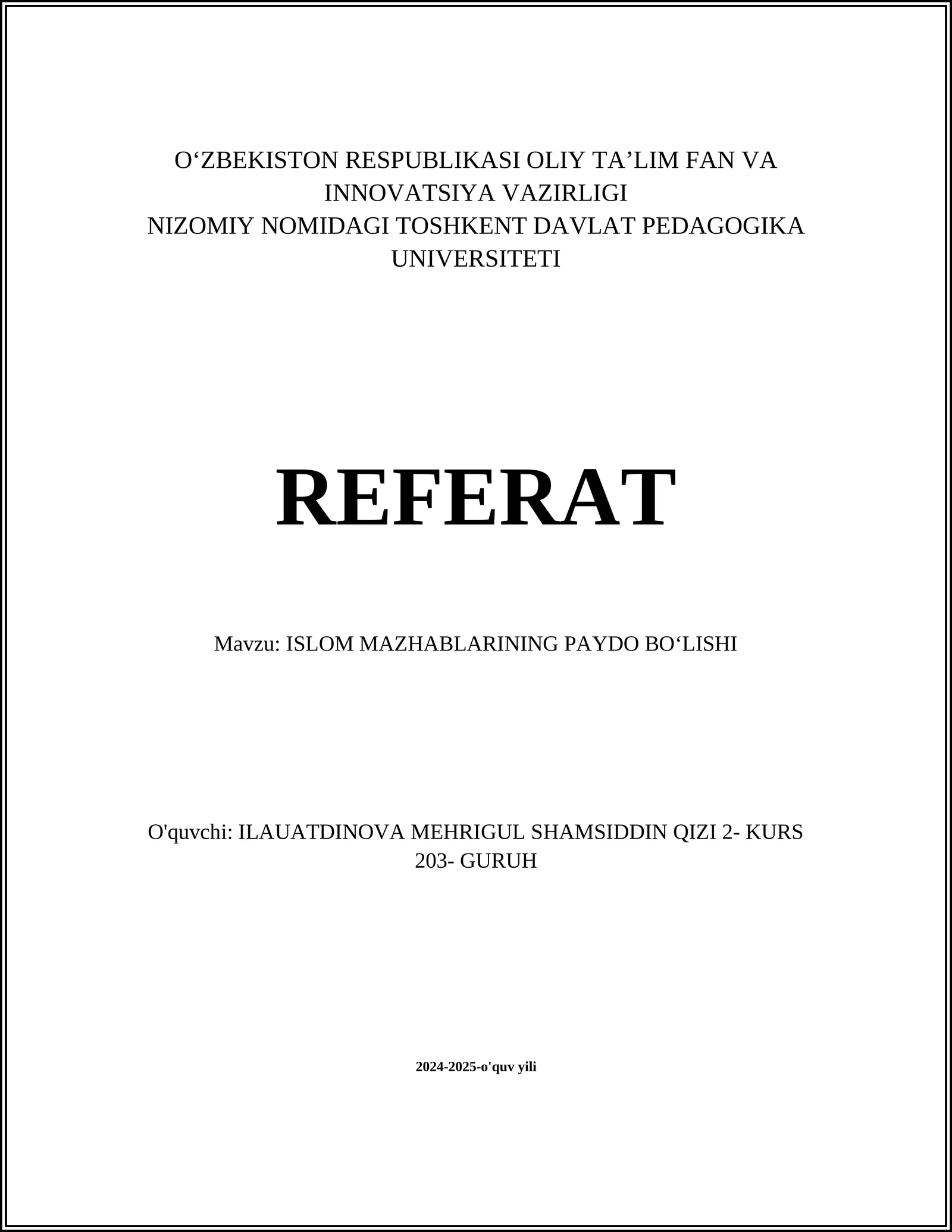 ISLOM MAZHABLARINING PAYDO BOʻLISHI