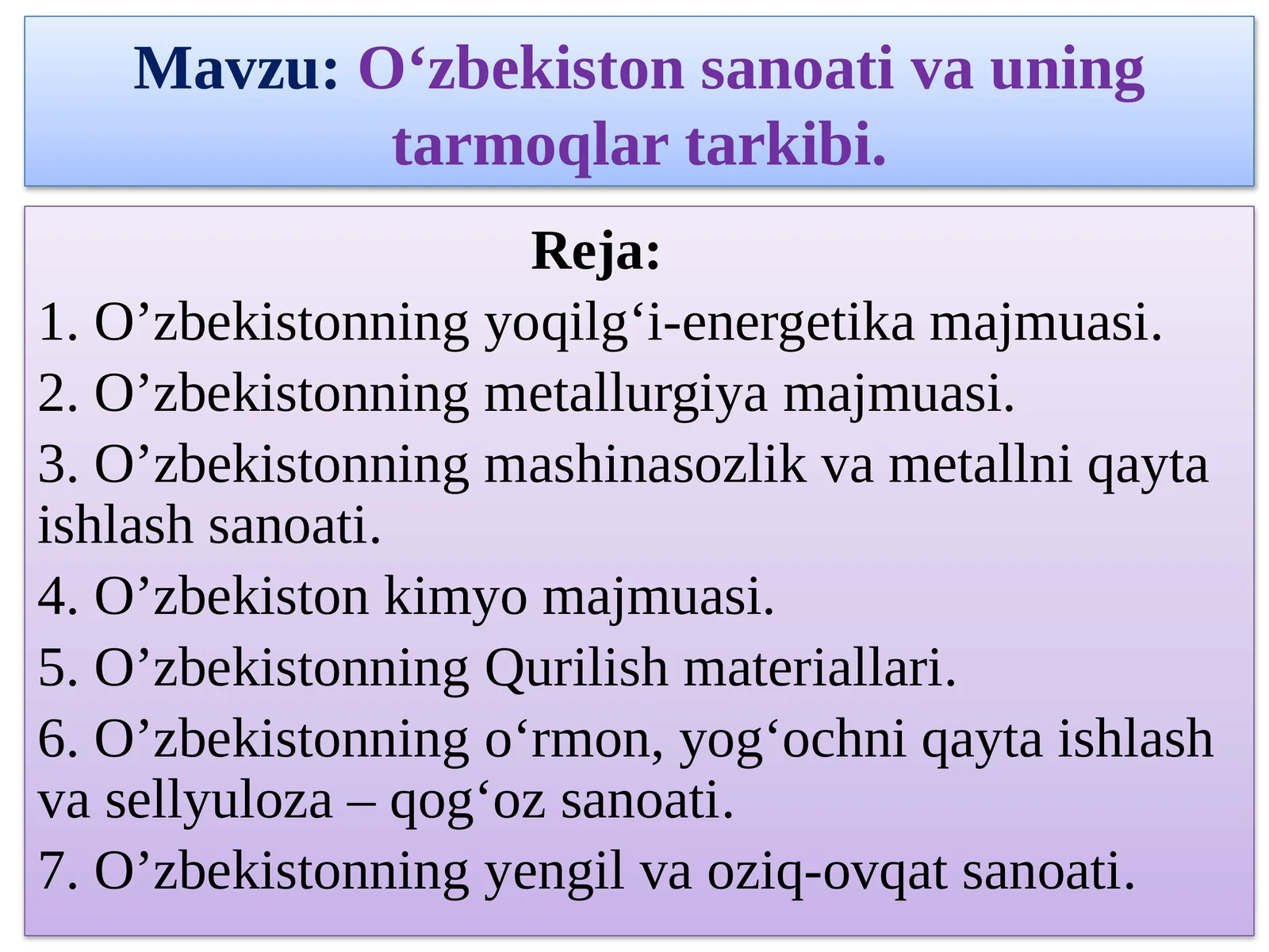 O‘zbekistonsanoativauningtarmoqlar tarkibi