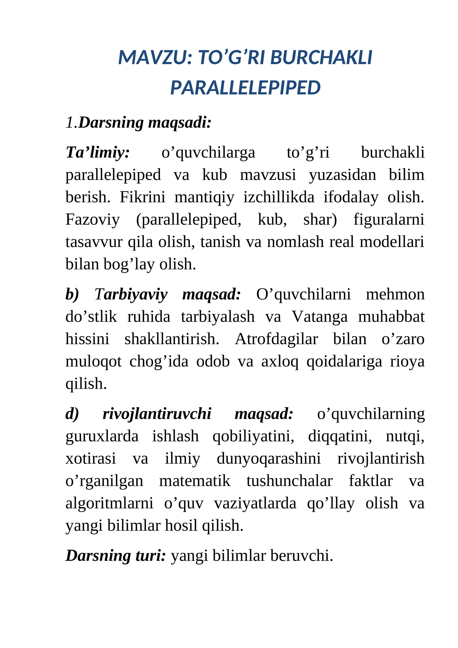 TO’G’RI BURCHAKLI PARALLELEPIPED