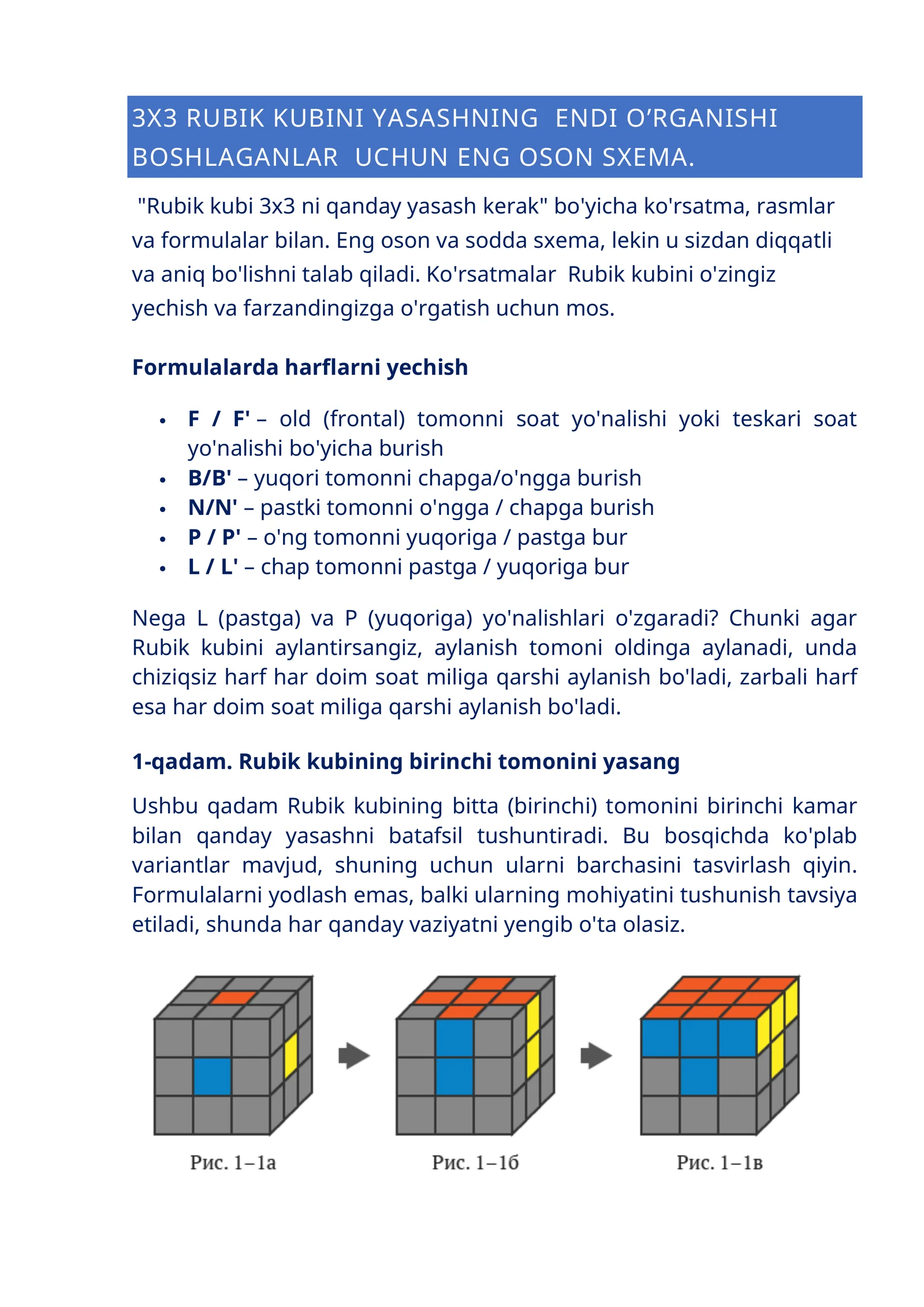 3X3 KUBIK RUBIK YASASHNING ENDI O’RGANISHI BOSHLAGANLAR UCHUN ENG OSON SXEMA