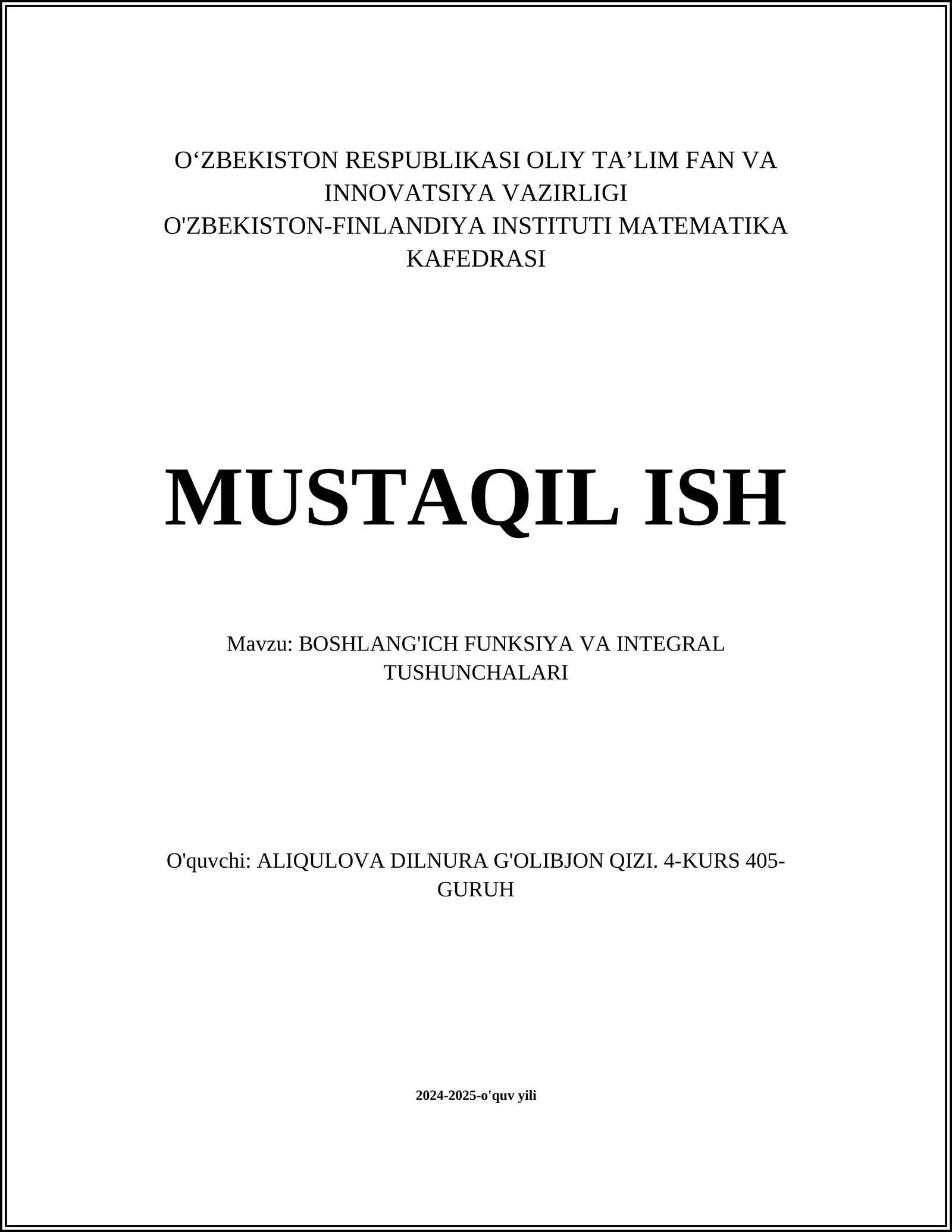 BOSHLANG'ICH FUNKSIYA VA INTEGRAL TUSHUNCHALARI