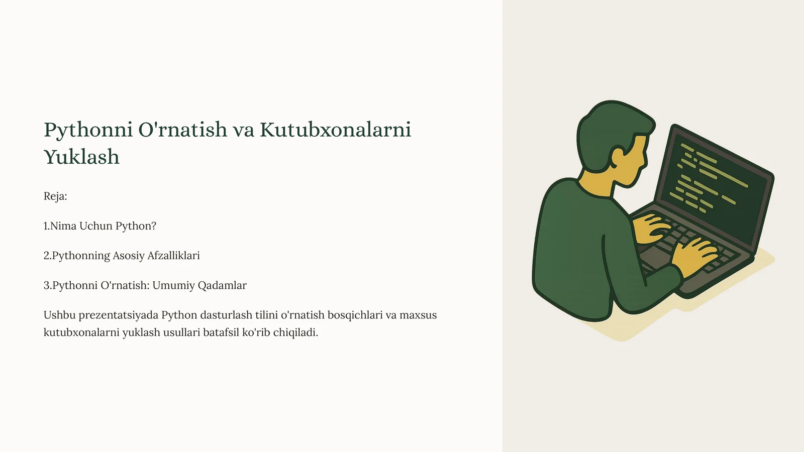 Pythonni O'rnatish va Kutubxonalarni Yuklash
