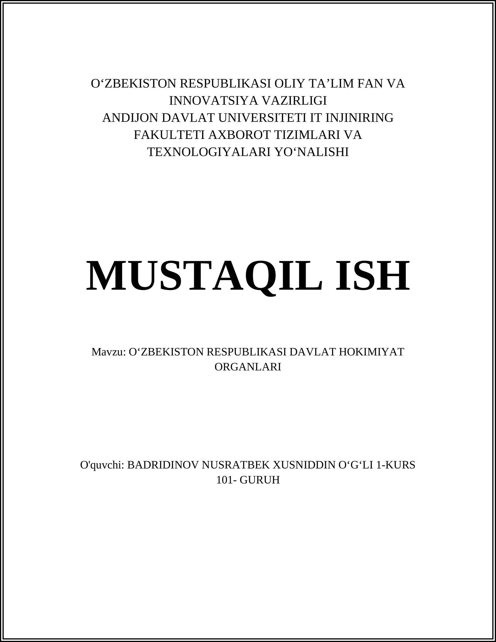OʻZBEKISTON RESPUBLIKASI DAVLAT HOKIMIYAT ORGANLARI