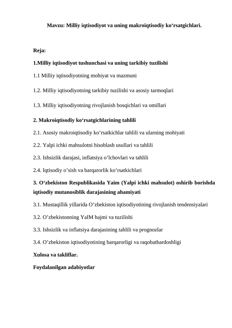 Milliy iqtisodiyot va uning makroiqtisodiy koʻrsatgichlari.