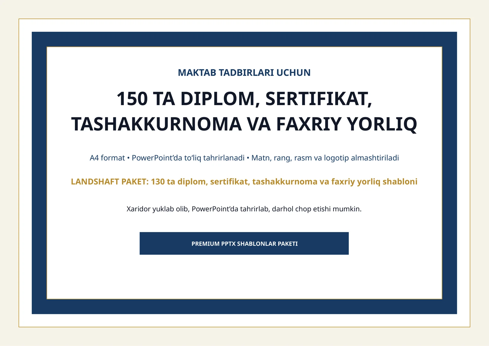 MAKTAB TADBIRLARI UCHUN 150 TA DIPLOM, SERTIFIKAT, TASHAKKURNOMA VA FAXRIY YORLIQ