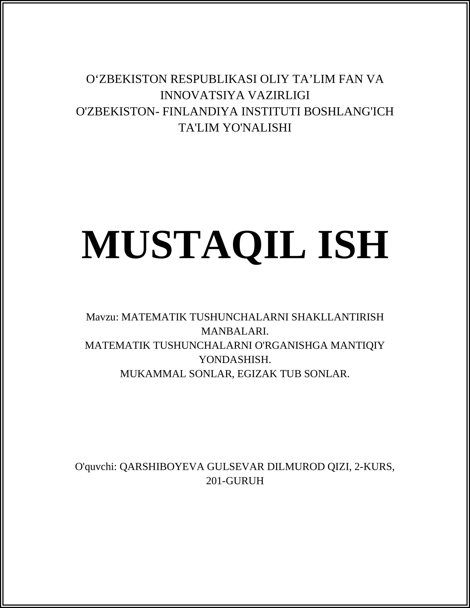 MATEMATIK TUSHUNCHALARNI SHAKLLANTIRISH MANBALARI