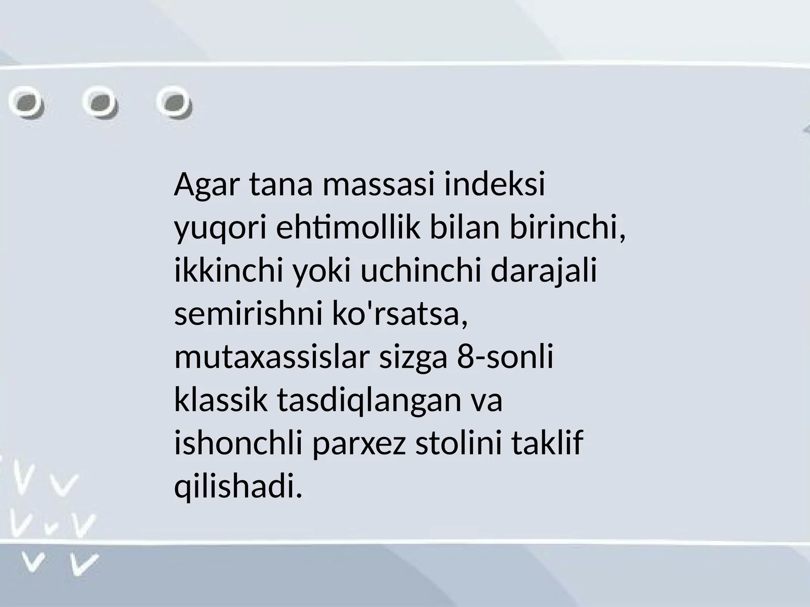 8-sonli klassik tasdiqlangan va ishonchli parxez stoli