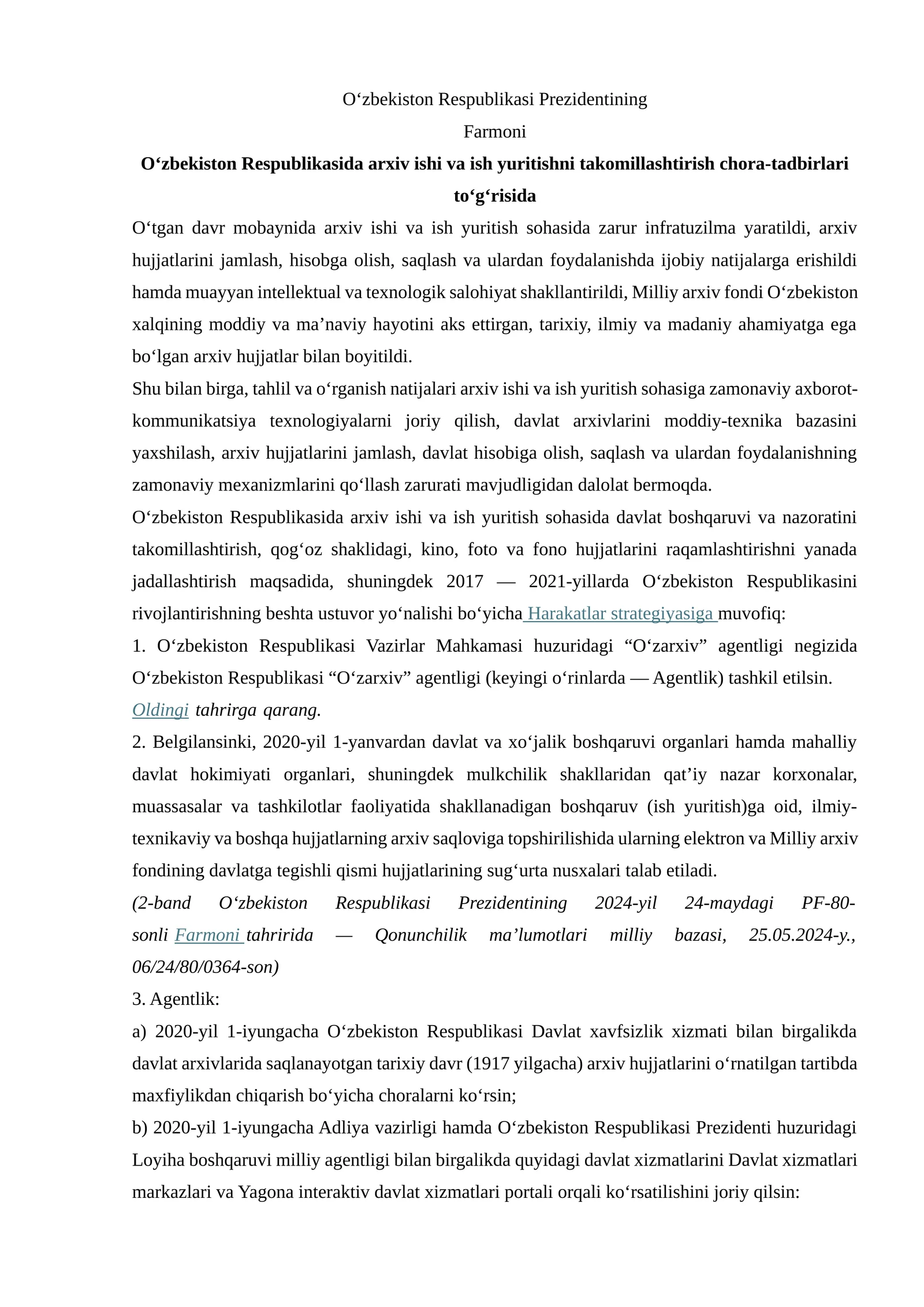 O‘zbekiston Respublikasida arxiv ishi va ish yuritishni takomillashtirish chora-tadbirlari to‘g‘risida