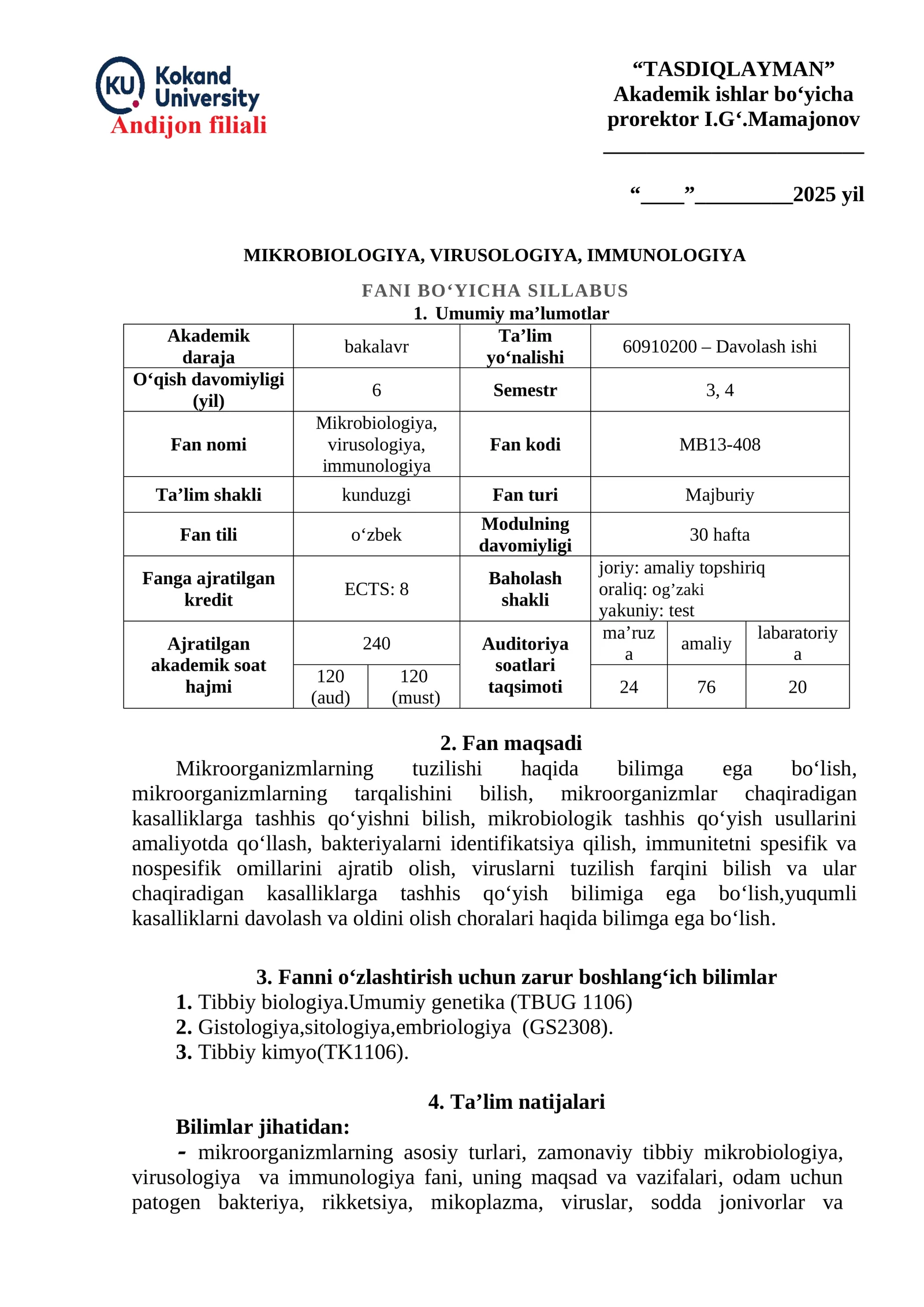 TASDIQLAYMAN Akademik ishlar bo‘yicha prorektor I.G‘.Mamajonov