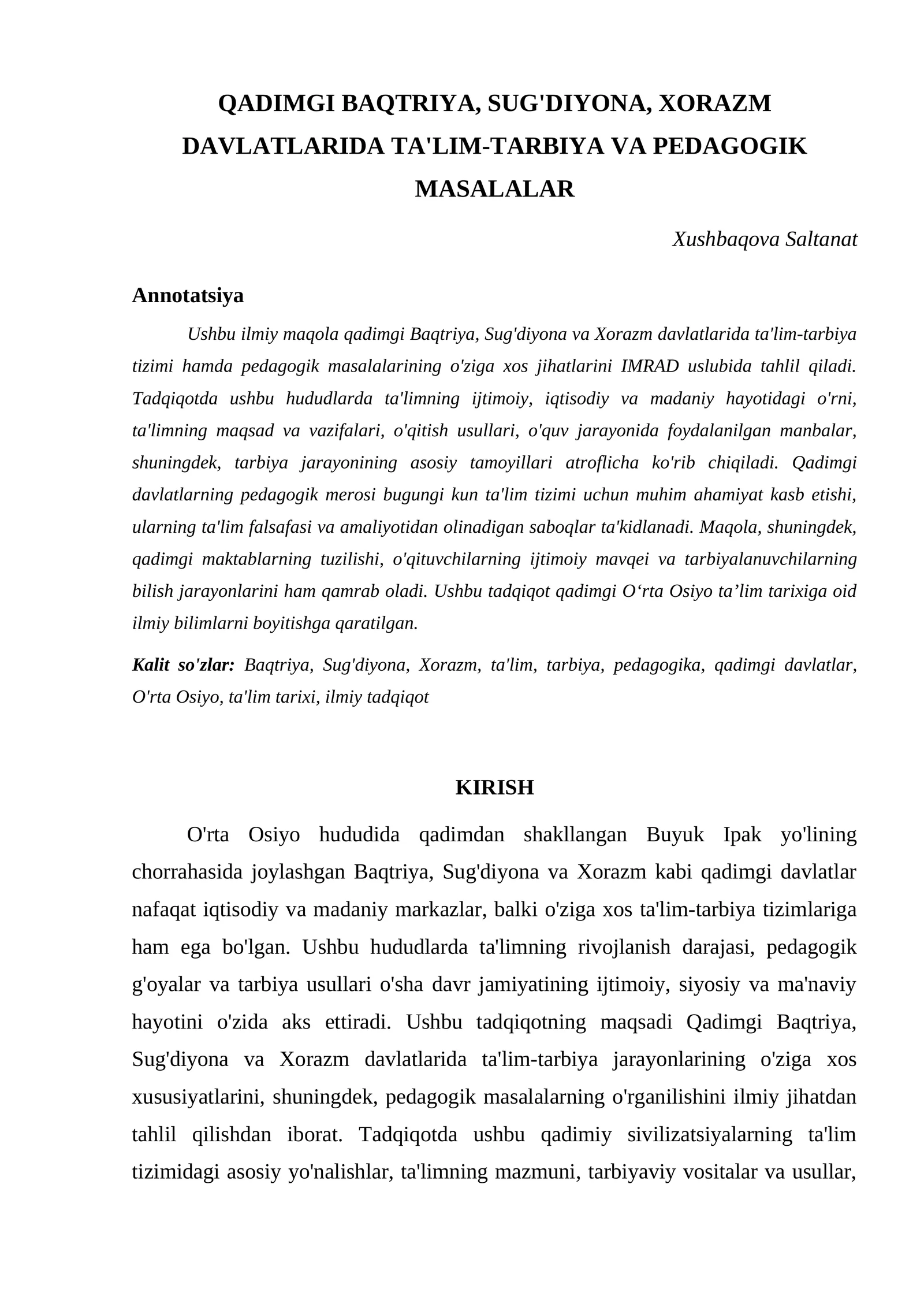 QADIMGI BAQTRIYA, SUG'DIYONA, XORAZM DAVLATLARIDA TA'LIM-TARBIYA VA PEDAGOGIK MASALALAR