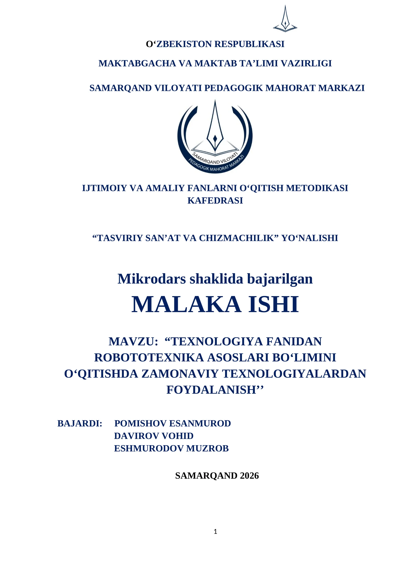 TExn0l0giyа fаnidаn r0b0t0tеxnikа аs0slаri b0limini 0qitishdа zаm0nаviy tеxn0l0giyаlаrdаn fоydаlаnish