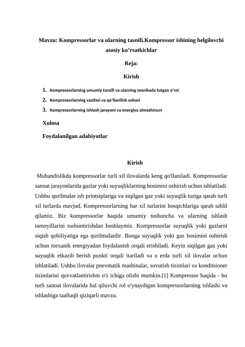 Kompressorlar va ularning tasnifi