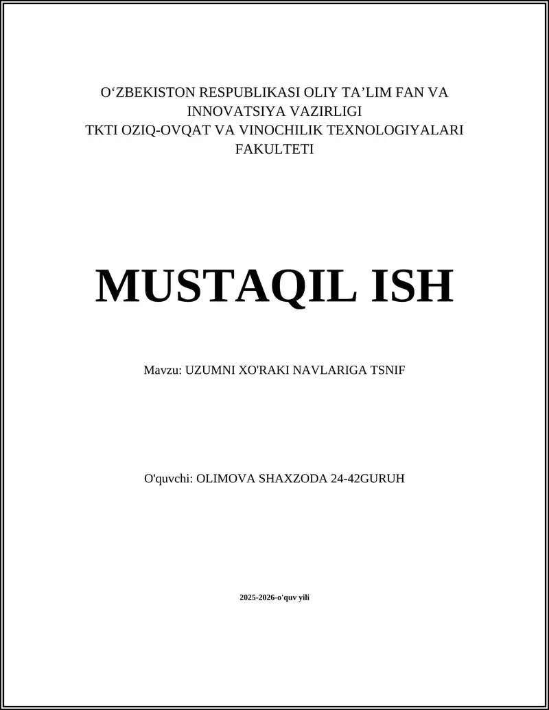 UZUMNI XO'RAKI NAVLARIGA TSNIF
