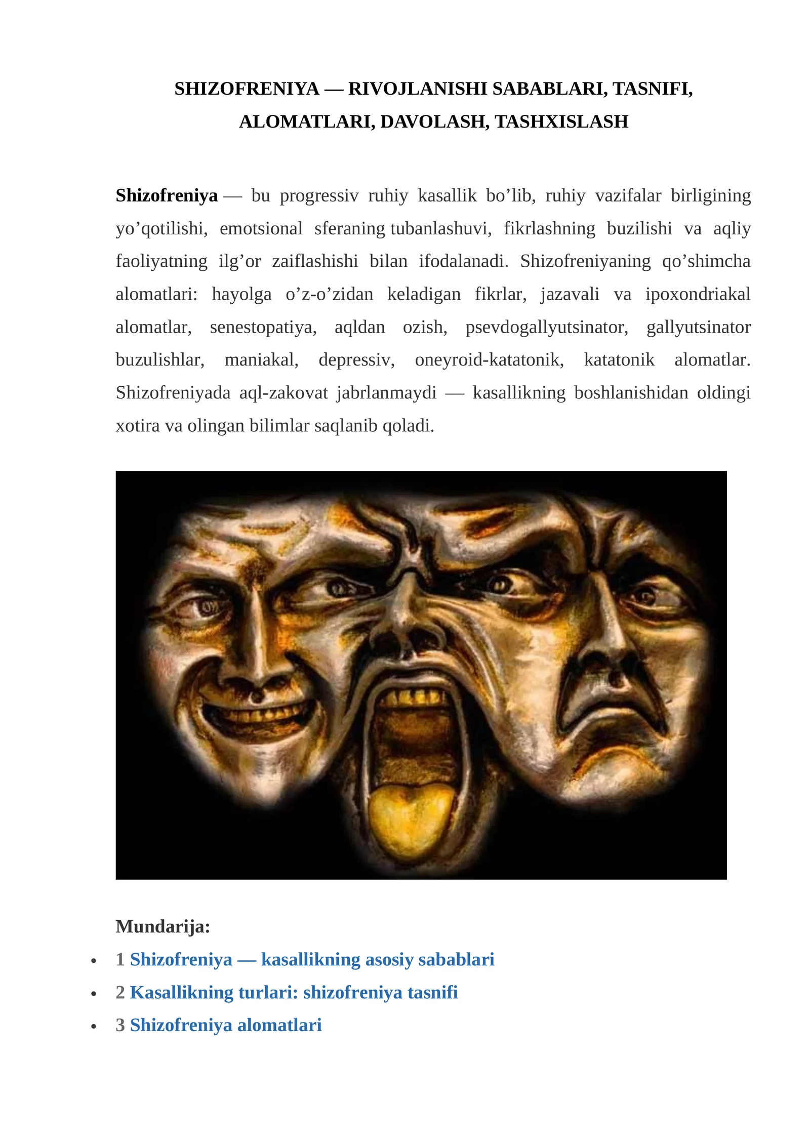 Shizofreniya — rivojlanishi sabablari, tasnifi, alomatlari, davolash, tashxislash
