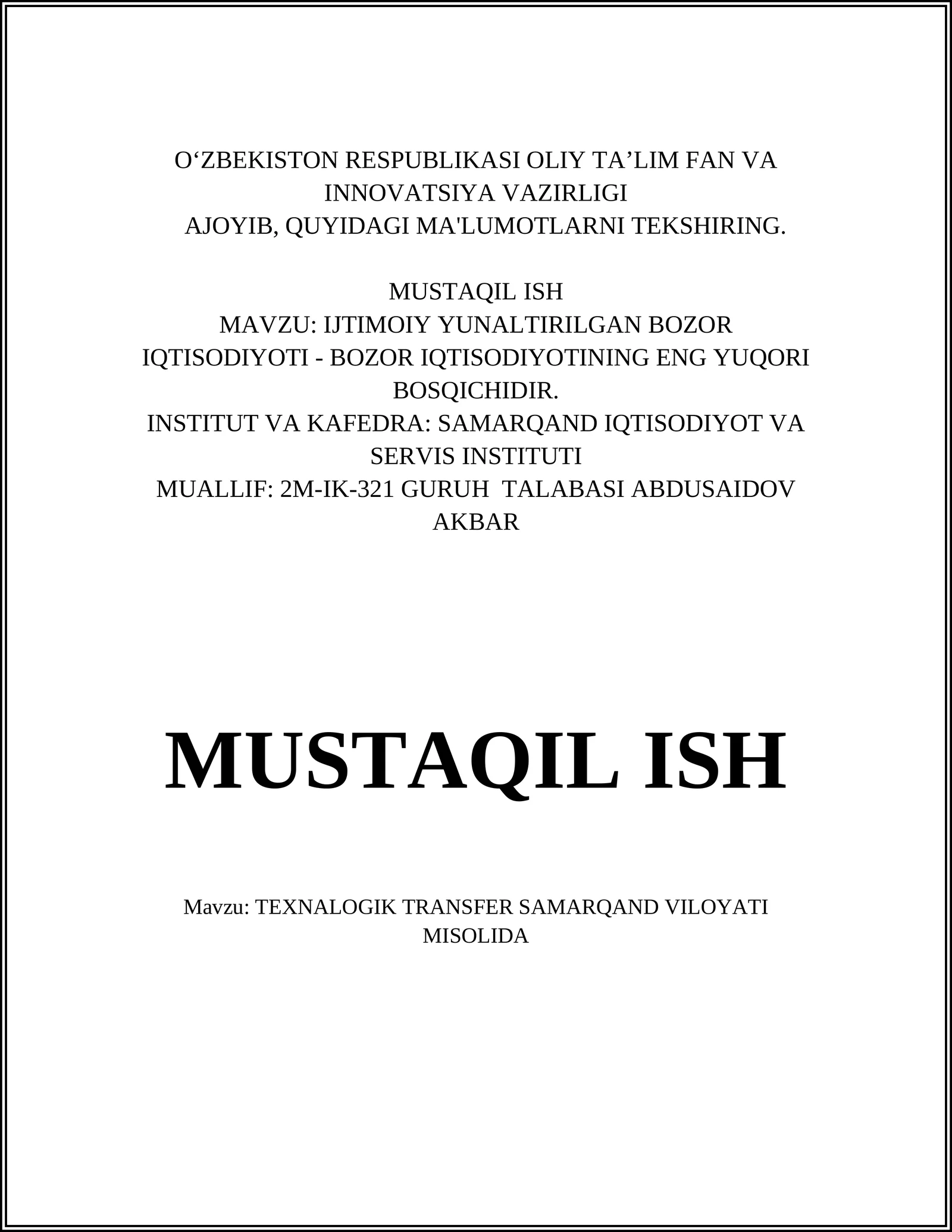 TEXNALOGIK TRANSFER SAMARQAND VILOYATI MISOLIDA