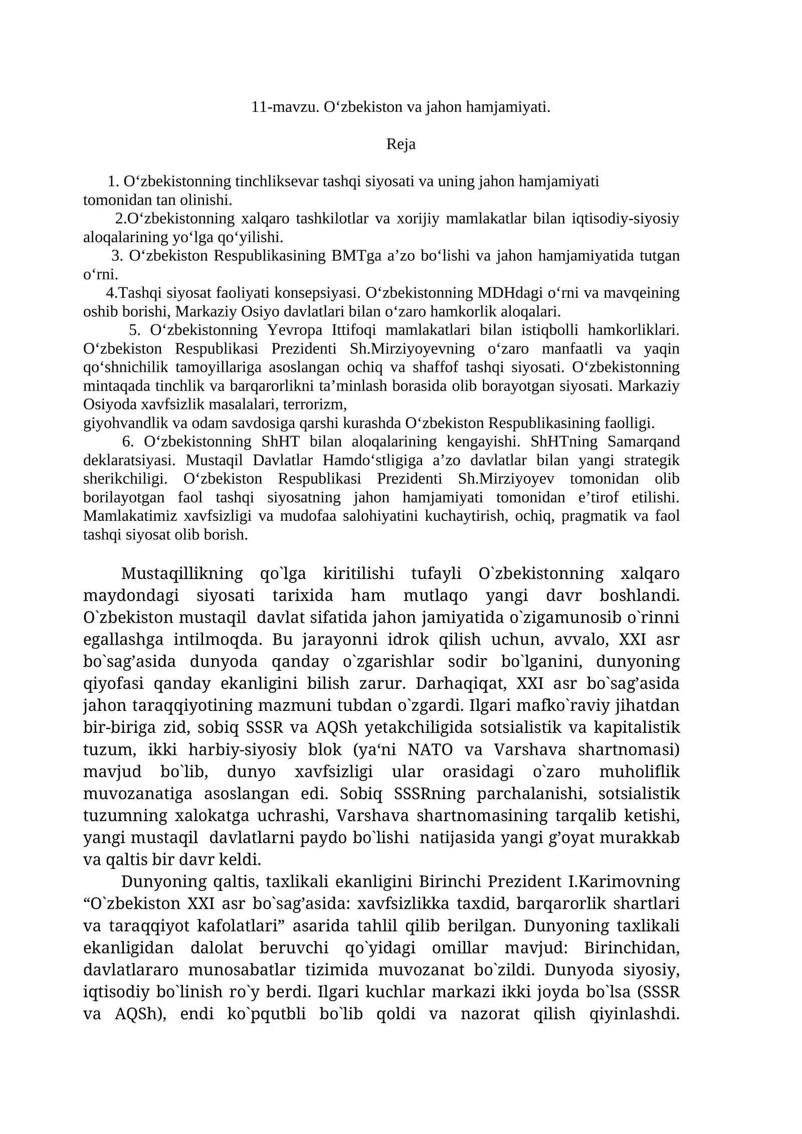 11-mavzu. O‘zbekiston va jahon hamjamiyati