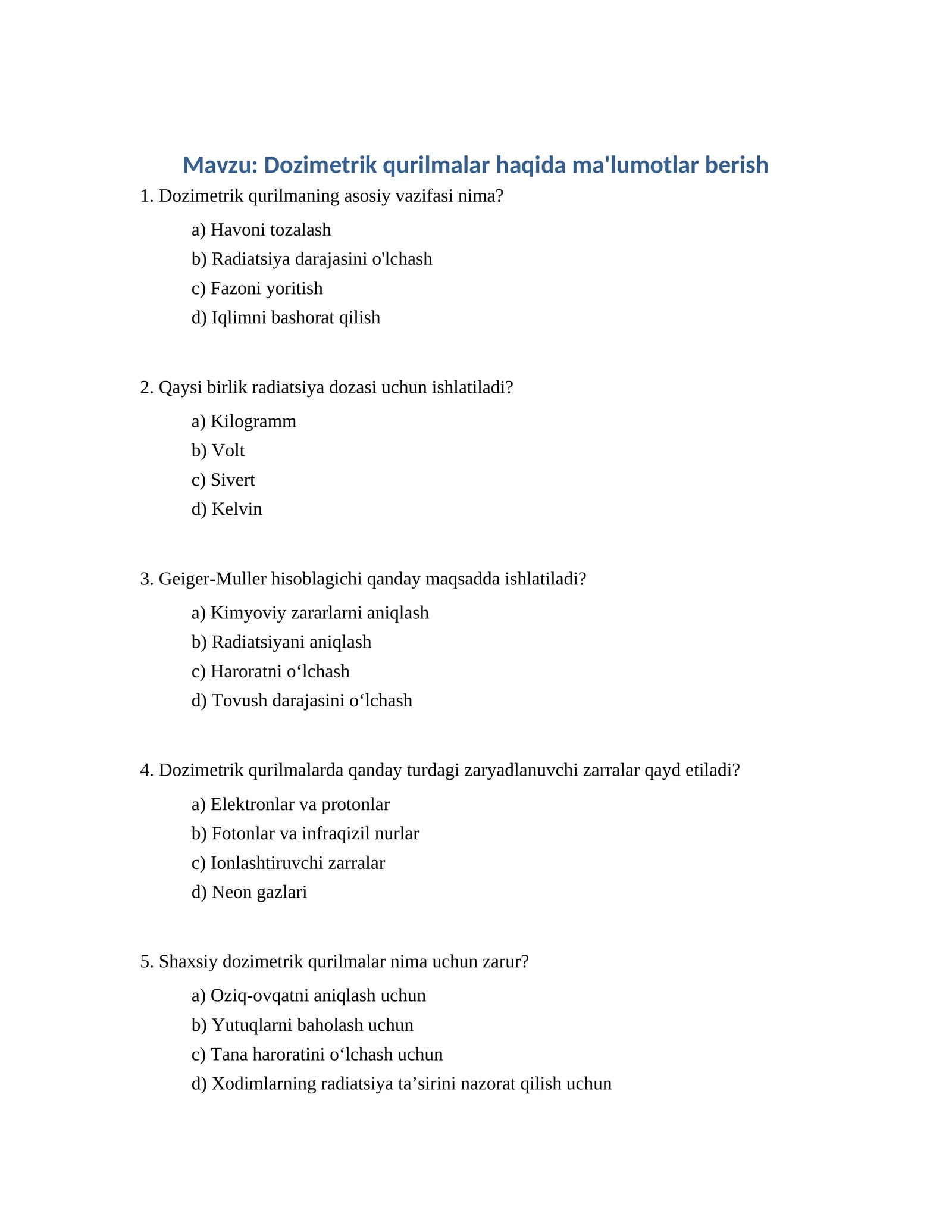 Dozimetrik qurilmalar haqida ma'lumotlar berish