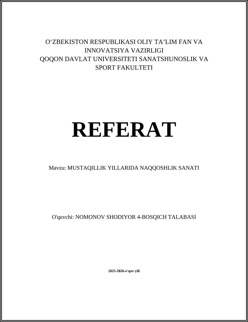 MUSTAQILLIK YILLARIDA NAQQOSHLIK SANATI