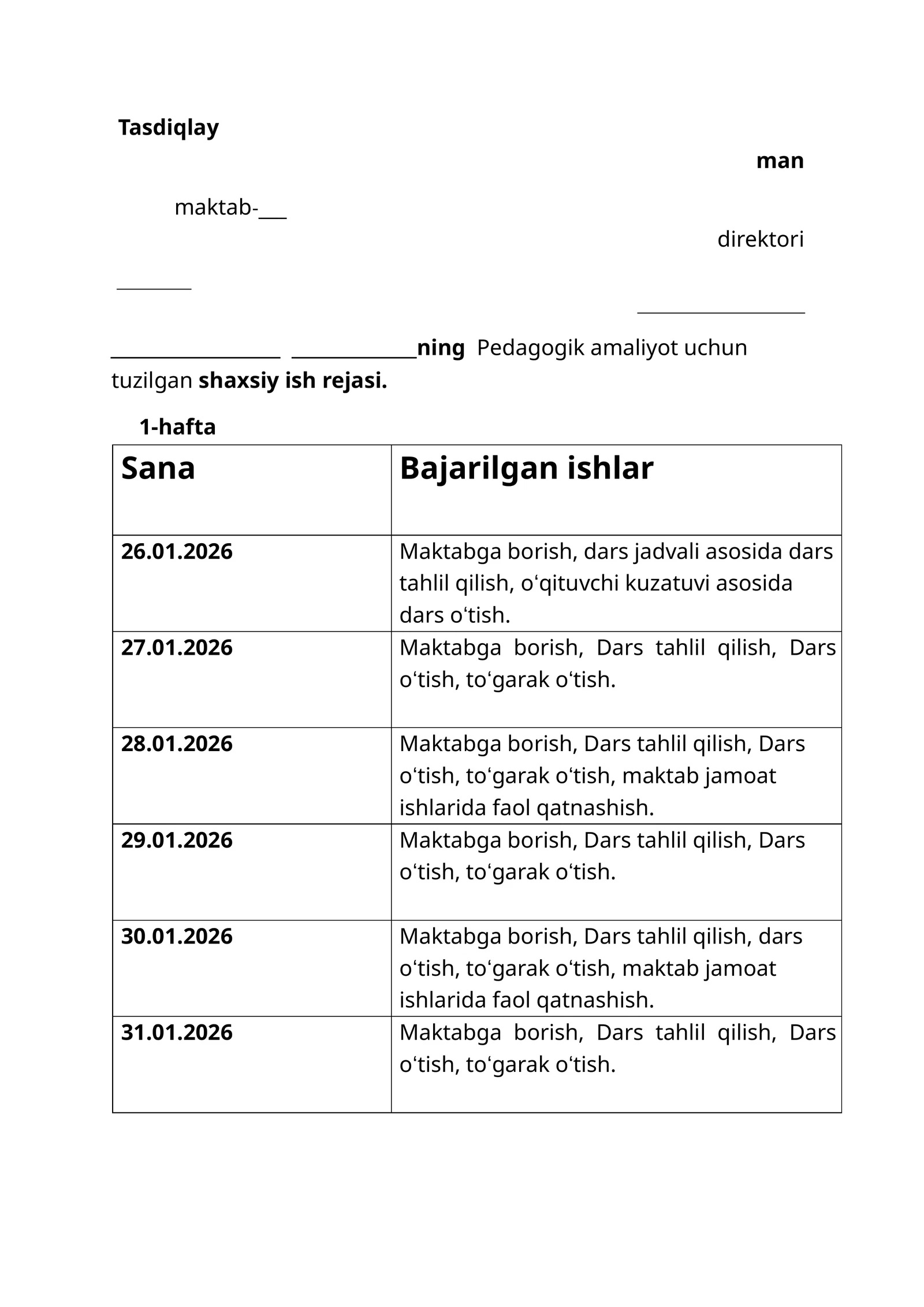 Amaliyotchi talabalar uchun shaxsiy ish reja word faylda oʻzgartirish mumkin