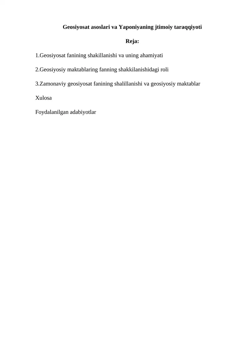 Geosiyosat asoslari va Yaponiyaning jtimoiy taraqqiyoti