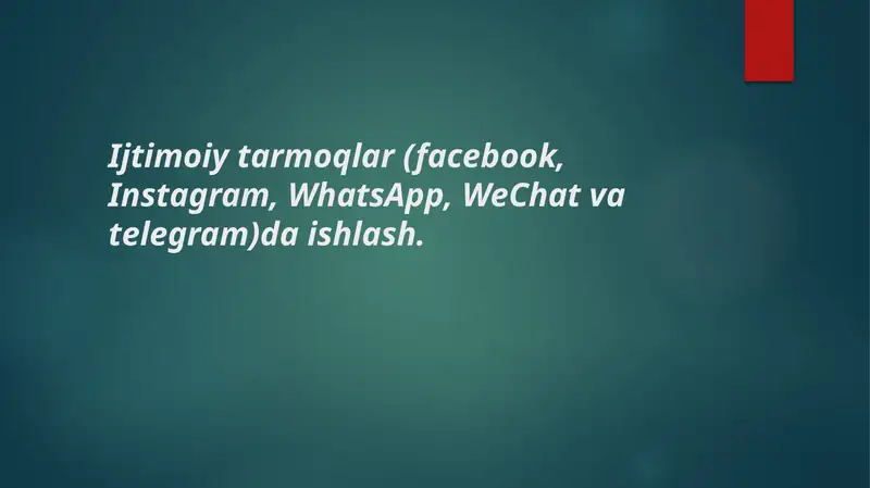 Ijtimoiy tarmoqlar (facebook, Instagram, WhatsApp, WeChat va telegram)da ishlash.