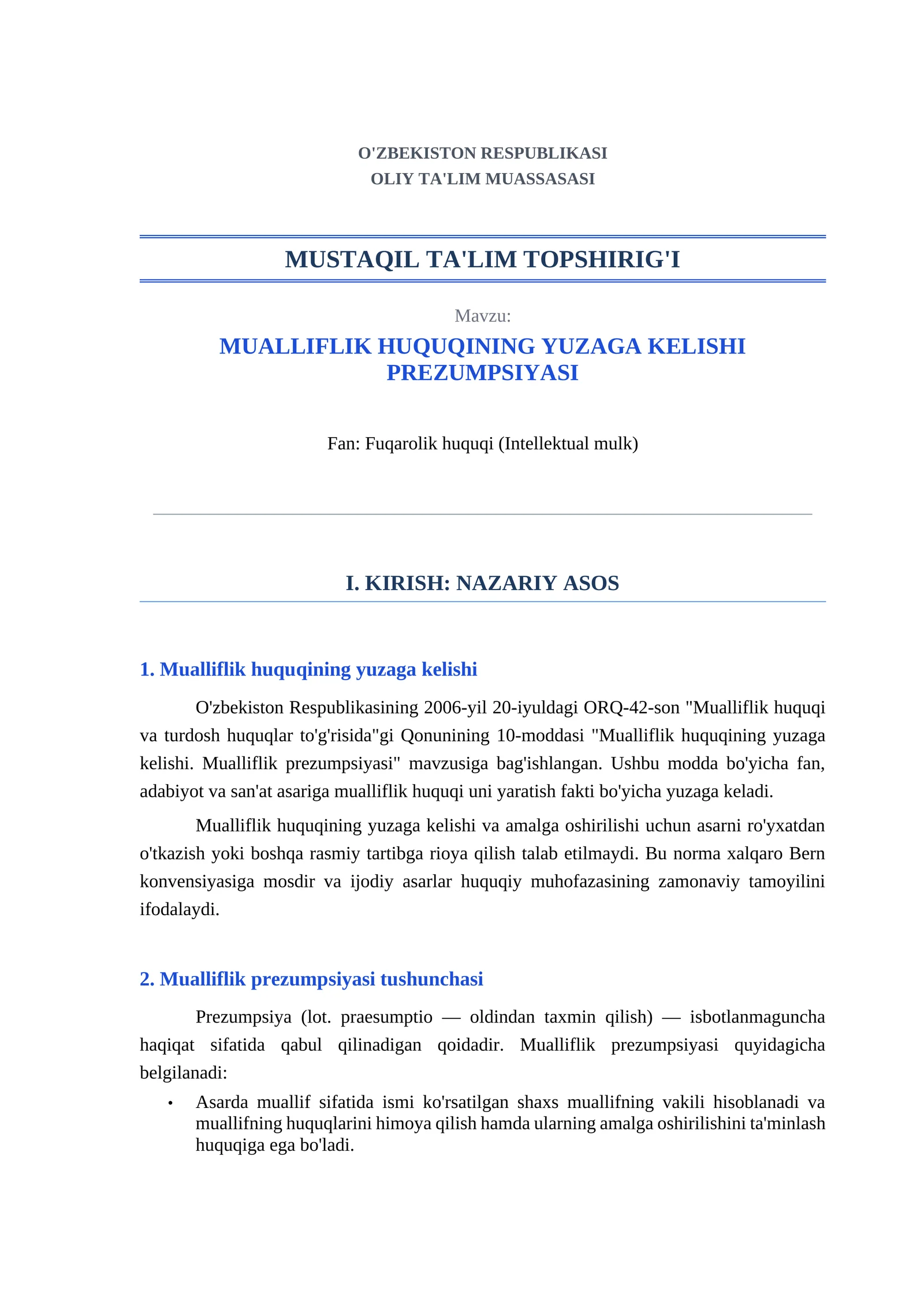 MUALLIFLIK HUQUQINING YUZAGA KELISHI PREZUMPSIYASI