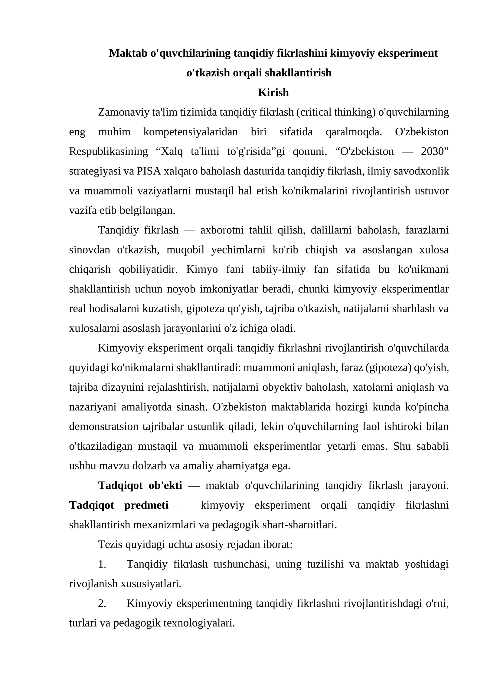 Kimyoviy eksperimentlar orqali tanqidiy fikrlash