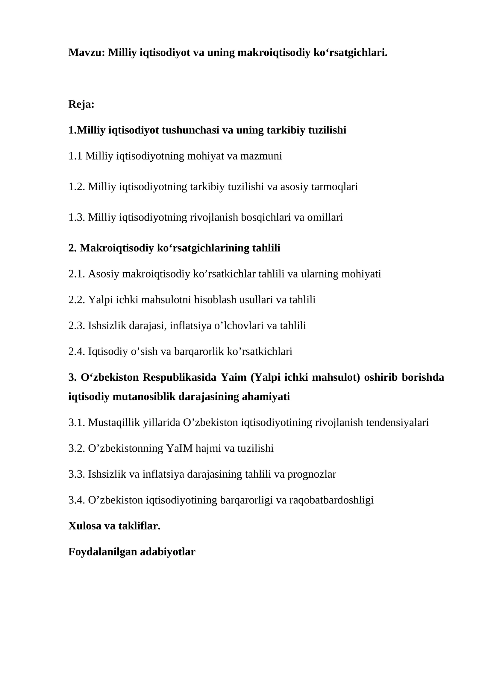 Milliy iqtisodiyot va uning makroiqtisodiy koʻrsatgichlari