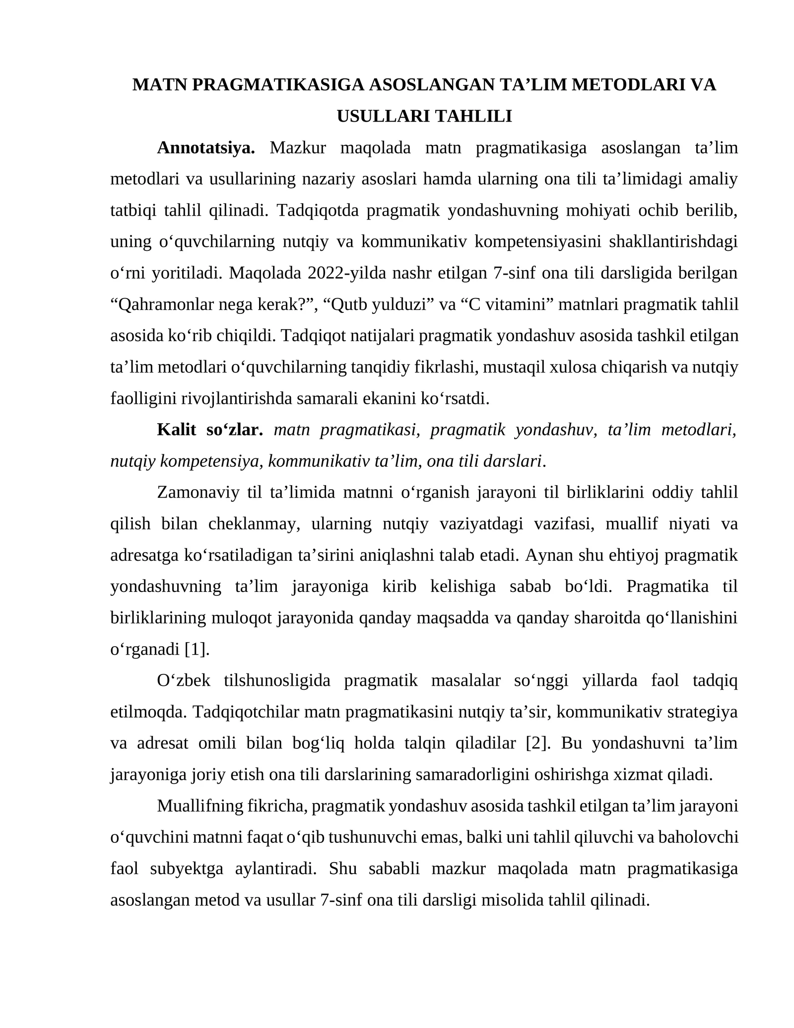 MATN PRAGMATIKASIGA ASOSLANGAN TA’LIM METODLARI VA USULLARI TAHLILI