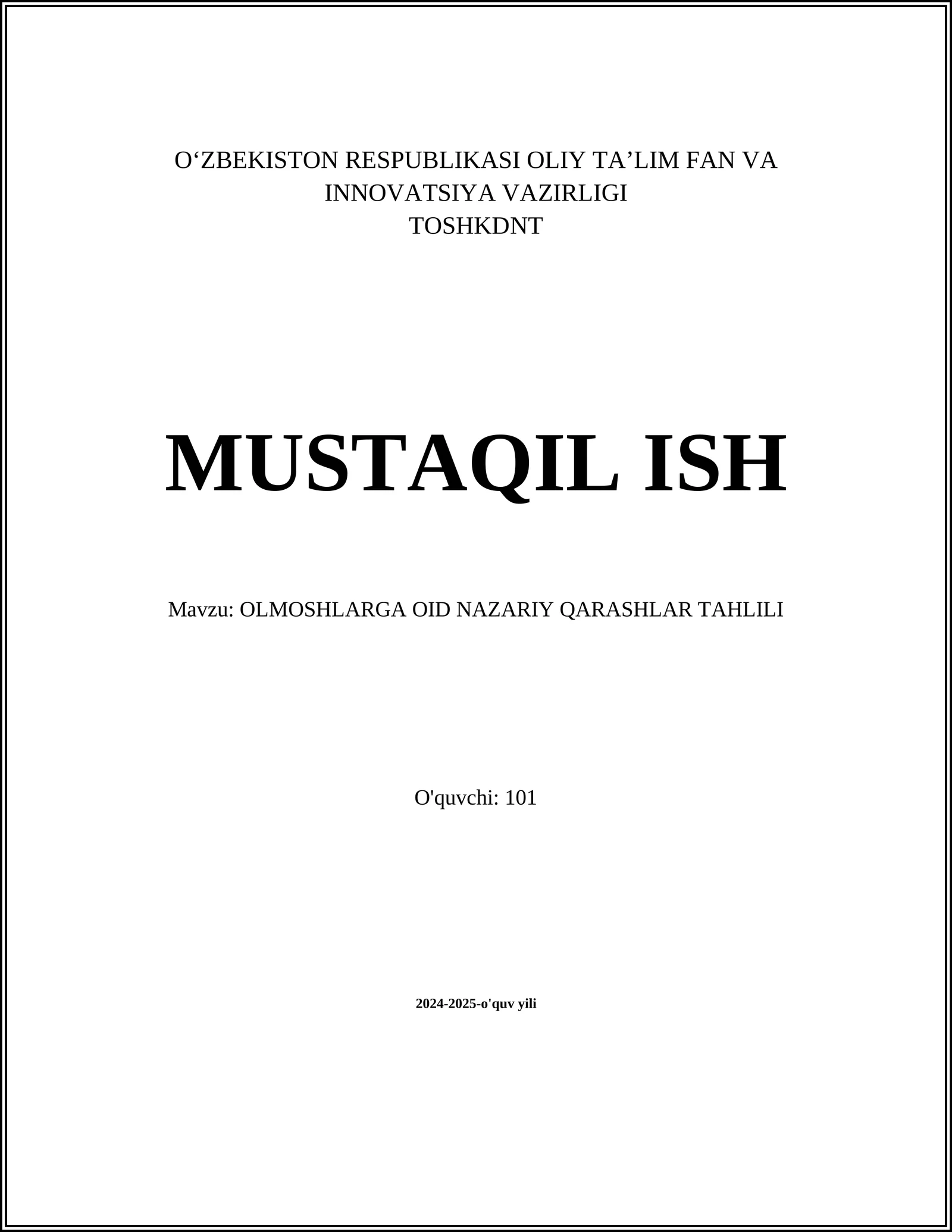 OLMOSHLARGA OID NAZARIY QARASHLAR TAHLILI