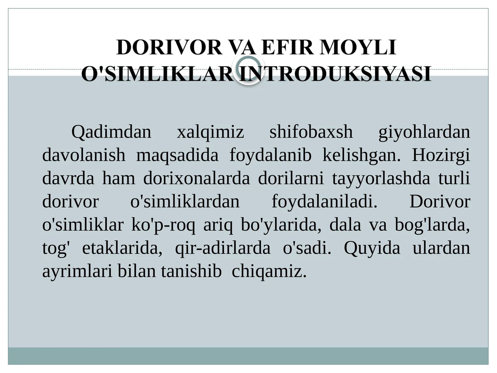 Dorivor va efir moyli o'simliklar introduksiyasi