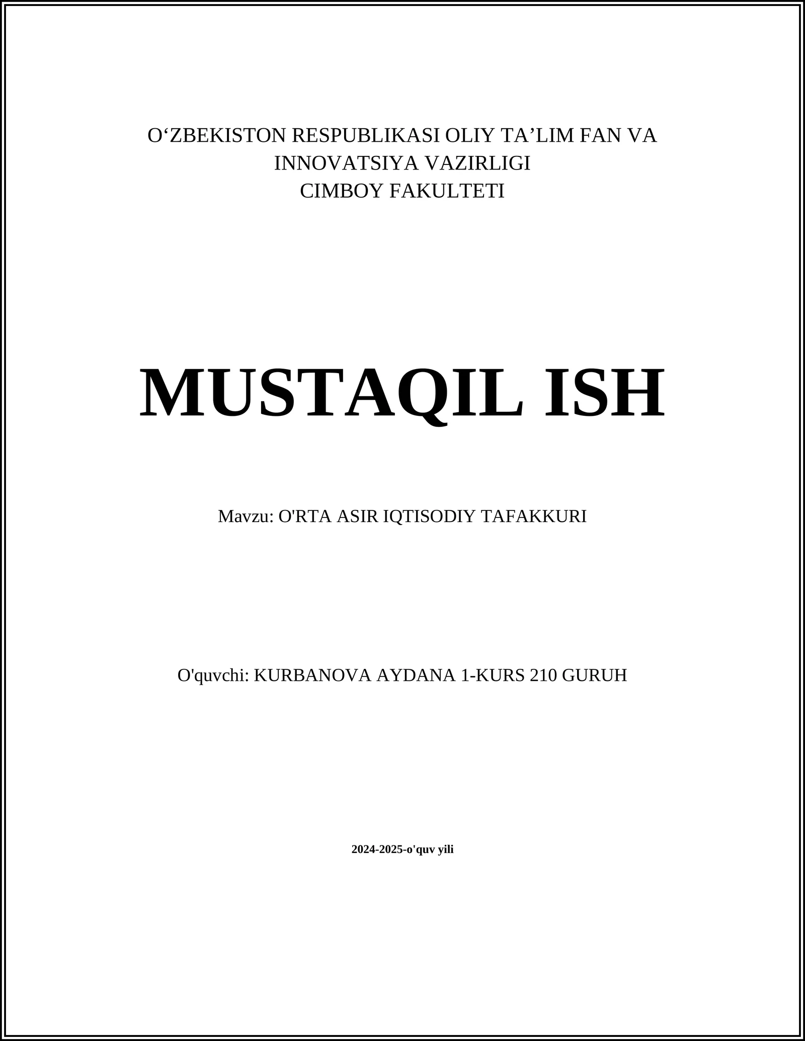 O'RTA ASIR IQTISODIY TAFAKKURI