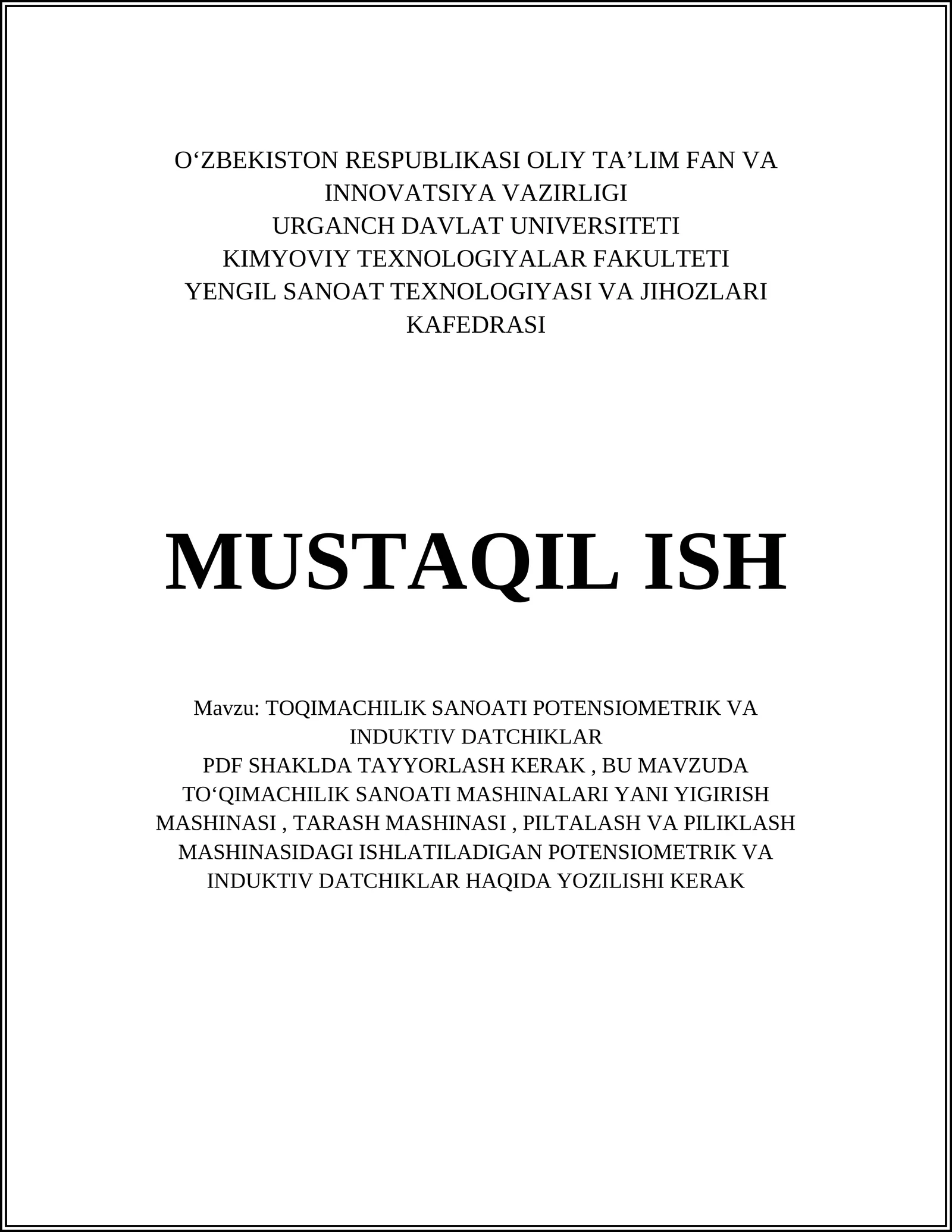 TOQIMACHILIK SANOATI POTENSIOMETRIK VA INDUKTIV DATCHIKLAR