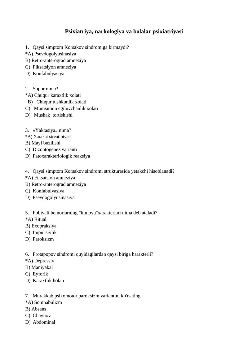 Psixiatriya, narkologiya va bolalar psixiatriyasi