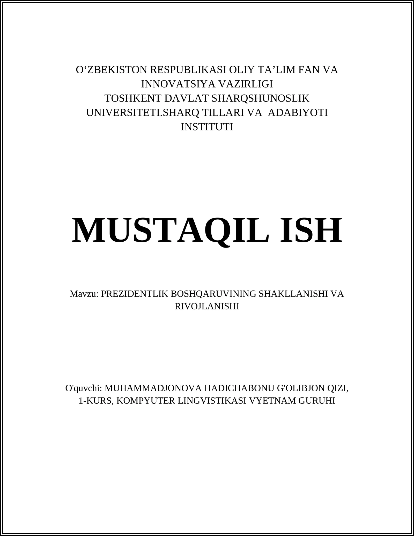 PREZIDENTLIK BOSHQARUVINING SHAKLLANISHI VA RIVOJLANISHI