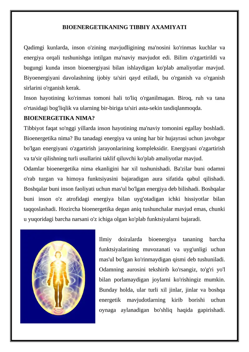 BIOENERGETIKANING TIBBIY AXAMIYATI