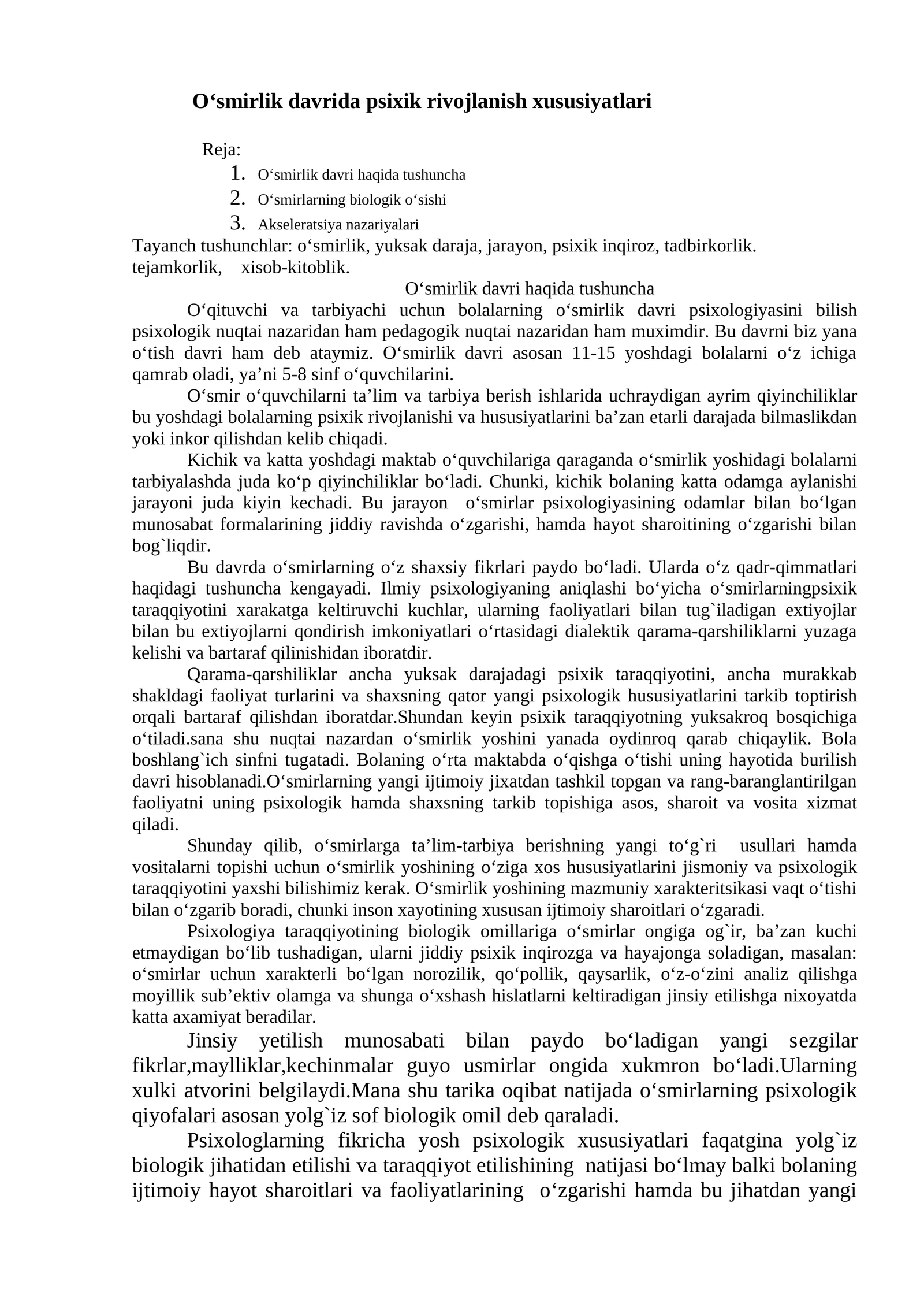 O‘smirlik davrida psixik rivojlanish xususiyatlari