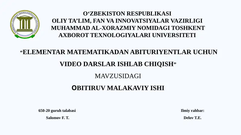 ELEMENTAR MATEMATIKADAN ABITURIYENTLAR UCHUN VIDEO DARSLAR