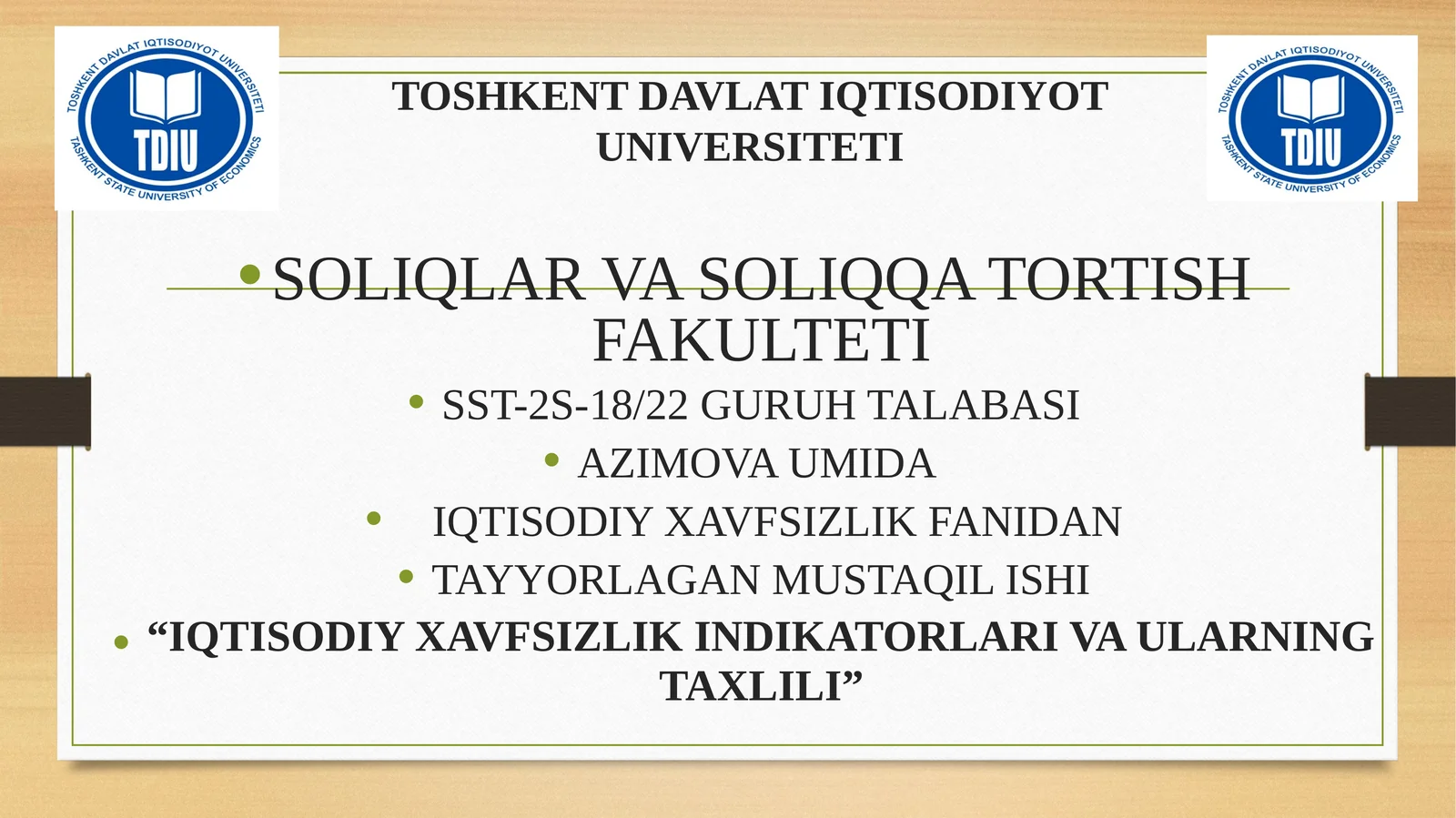 IQTISODIY XAVFSIZLIK INDIKATORLARI VAULARNING TAXLILI