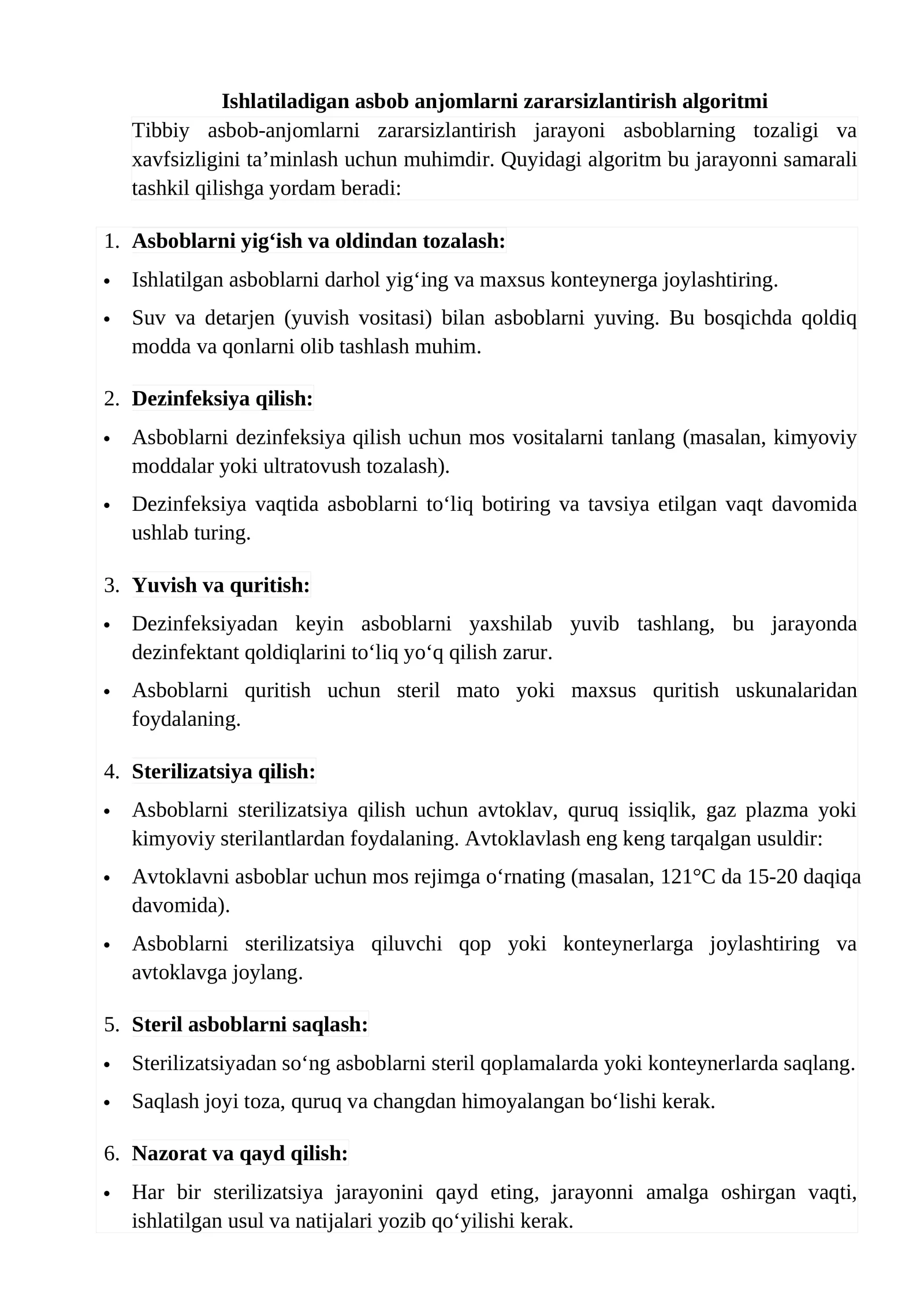 Tibbiy asbob-anjomlarni zararsizlantirish algoritmi