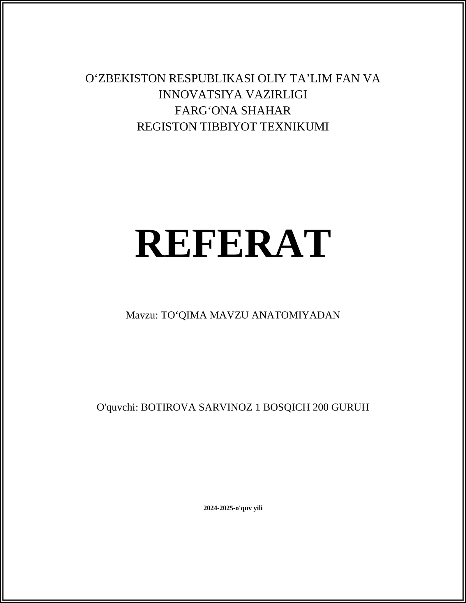 TOʻQIMA MAVZU ANATOMIYADAN