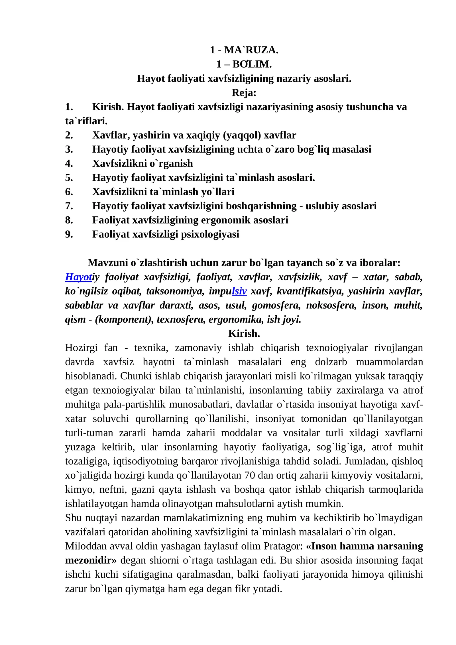 Hayot faoliyati xavfsizligining nazariy asoslari